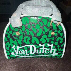 Von Dutch Lime Green Cheetah Print Bowling Crossbody Handbag NWT